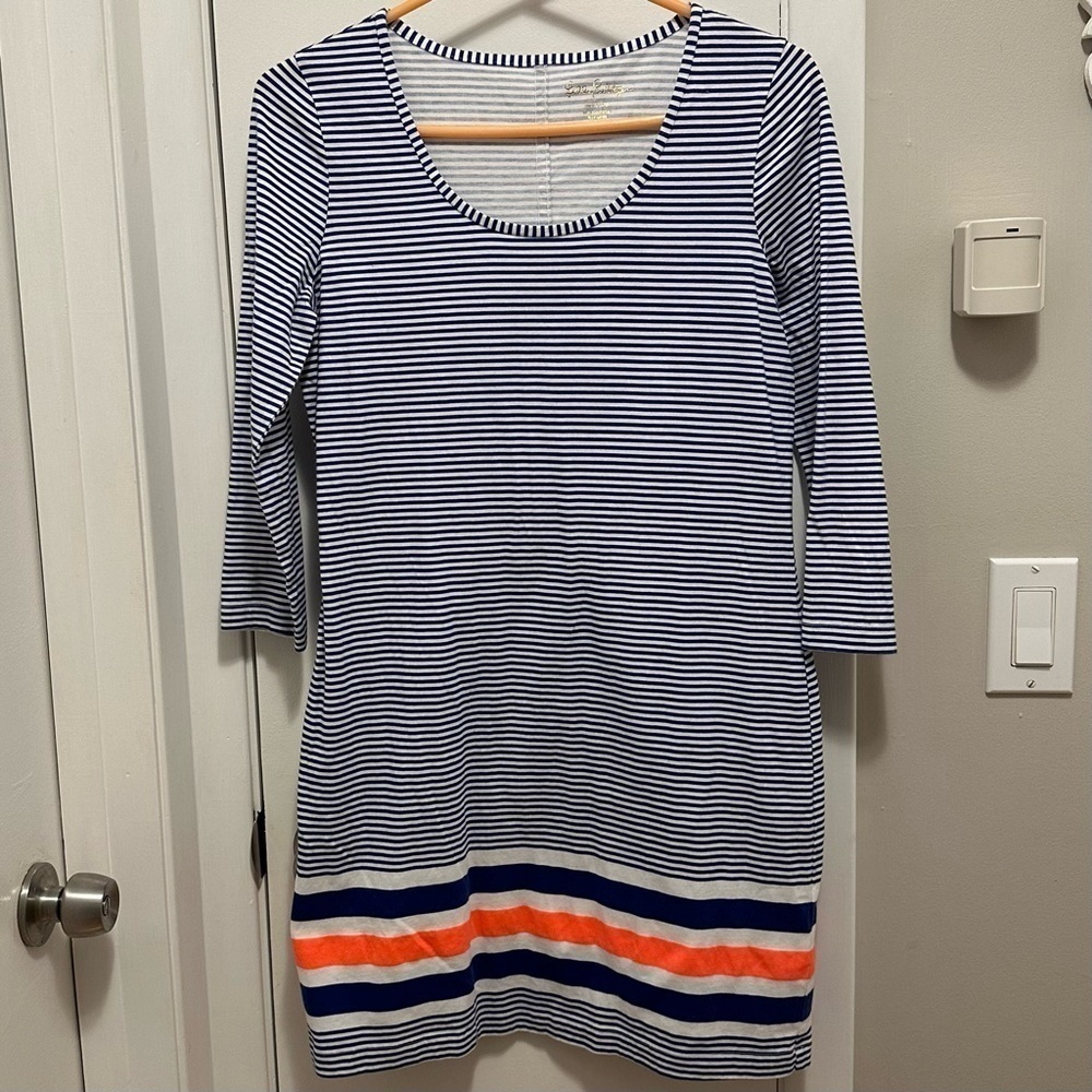 Lilly Pulitzer Striped 3/4 Sleeve Stretch Noelle Dress Blue White Orange M
